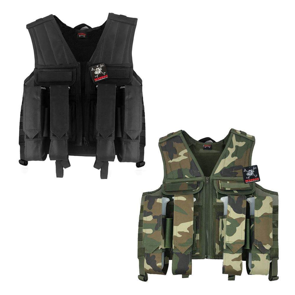 Maddog Battle Paintball Vest in black and camouflage with adjustable molle system, multiple pod holders, and breathable mesh design