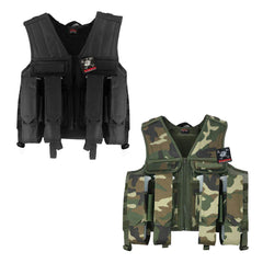Maddog Battle Paintball Vest in black and camouflage with adjustable molle system, multiple pod holders, and breathable mesh design