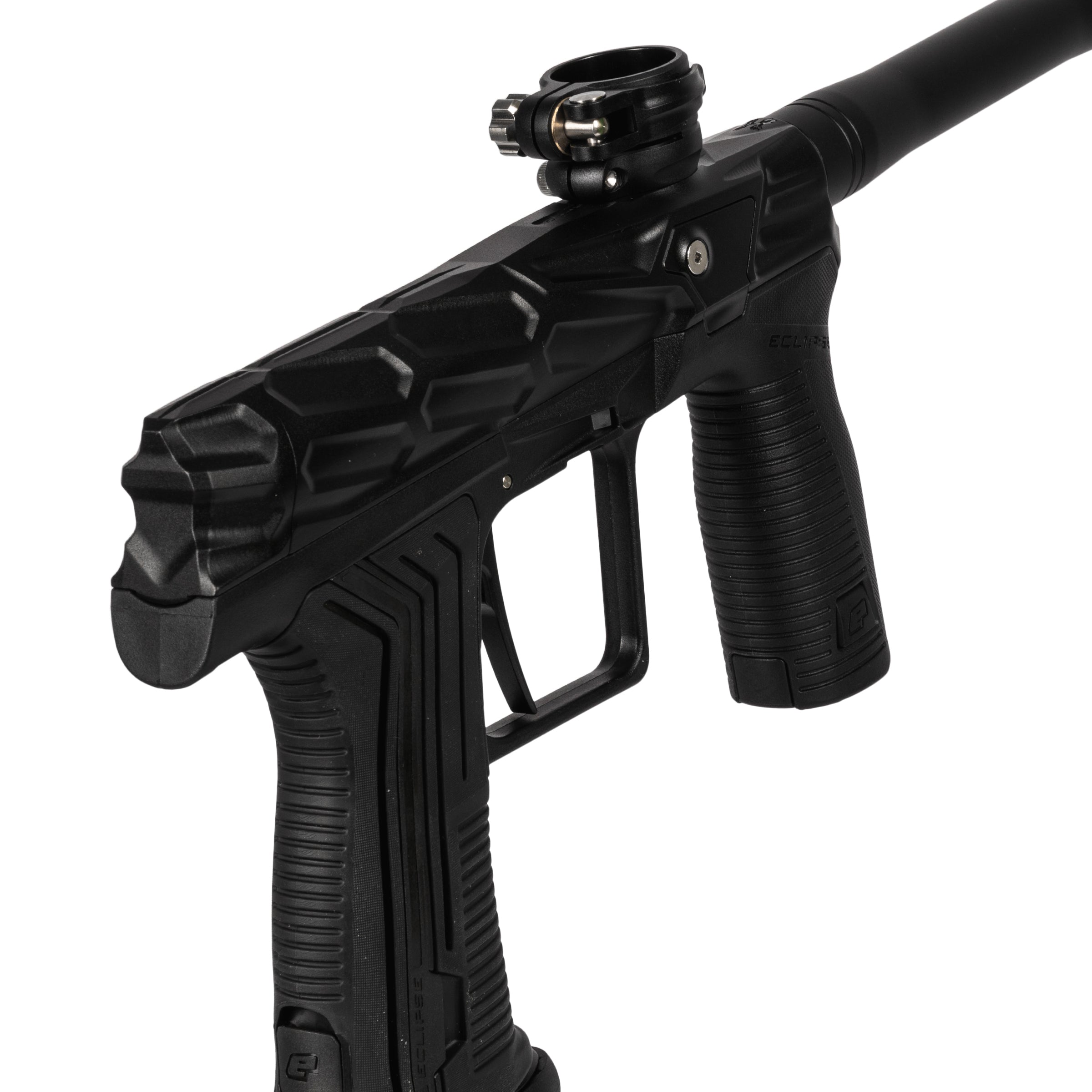 HK Army x Planet Eclipse ETHA3 MTL Hive Onyx Electronic Gun std config, marker, durable field setup, for woodsball play, close detail