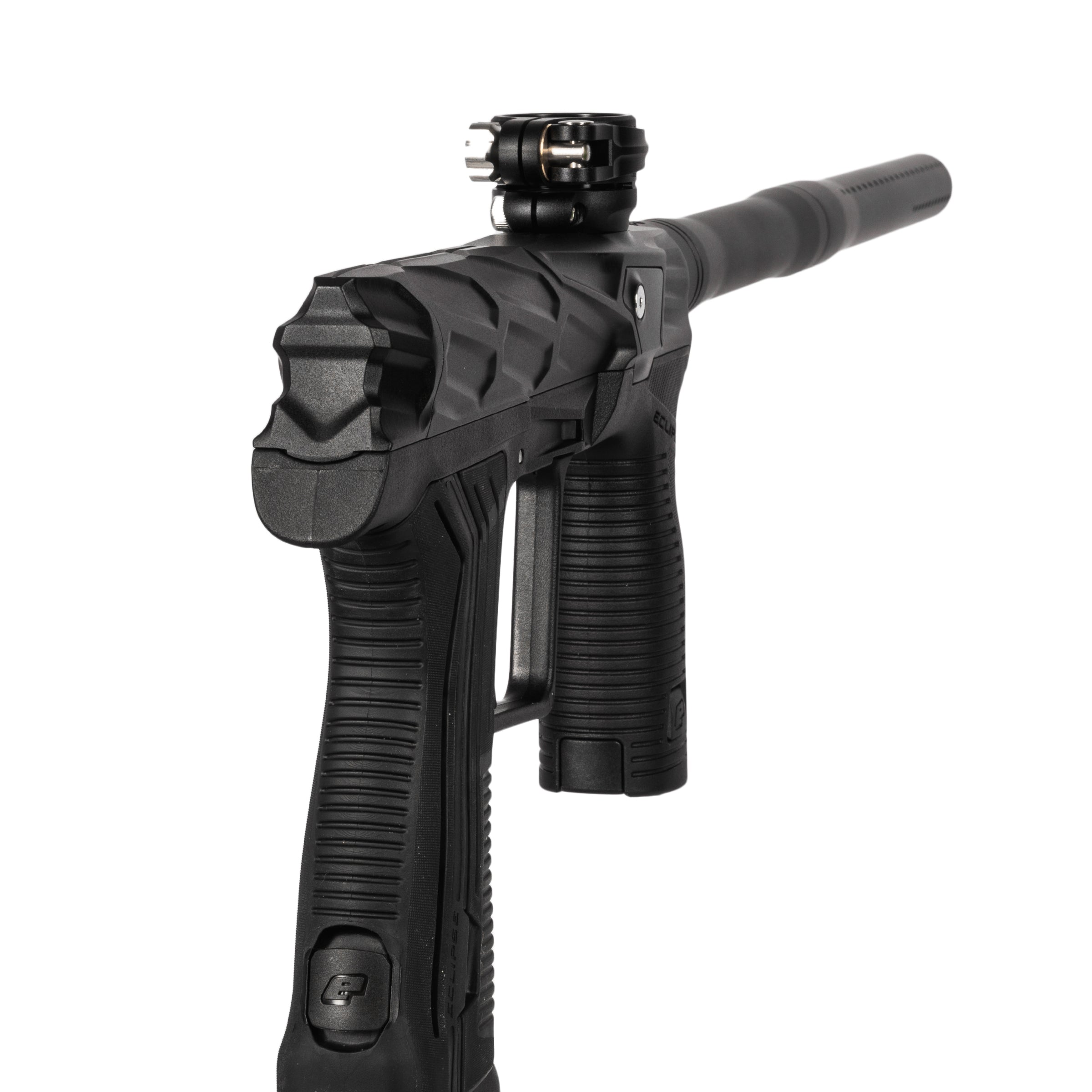 HK Army x Planet Eclipse ETHA3 MTL Hive Onyx Electronic Gun std config, marker, accurate marker control, for woodsball play, rear angle