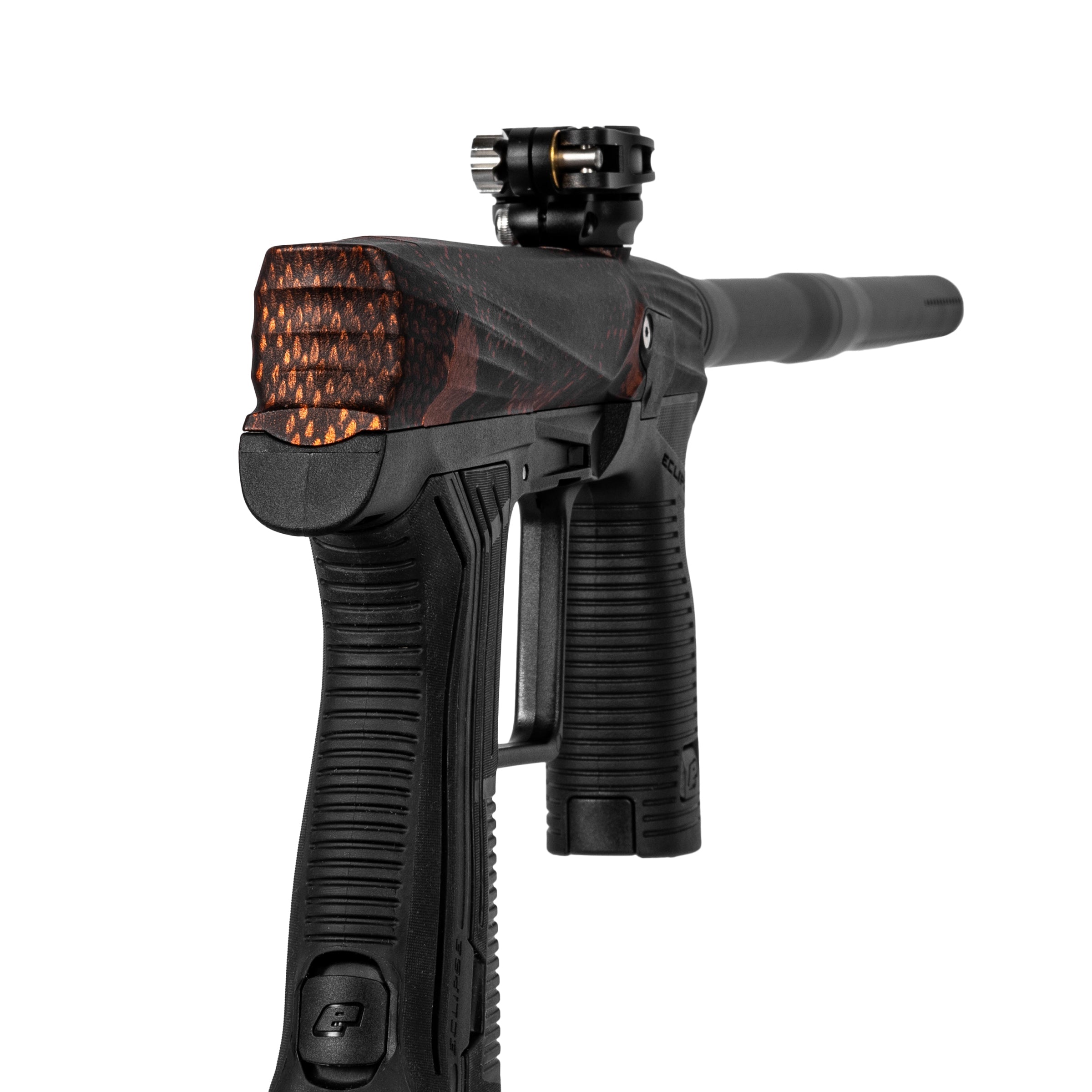 HK Army x Planet Eclipse ETHA3 Snake Red Electronic Gun std config, marker, accurate marker control, for woodsball play, rear angle