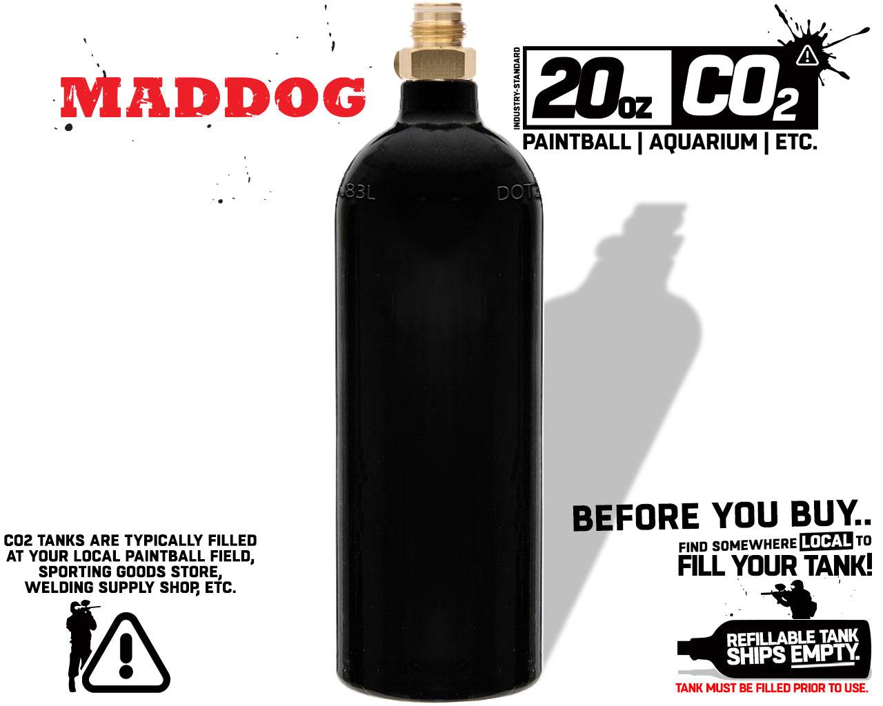 Black Maddog 20 oz CO2 paintball tank with brass valve, empty and refillable, suitable for standard paintball guns.