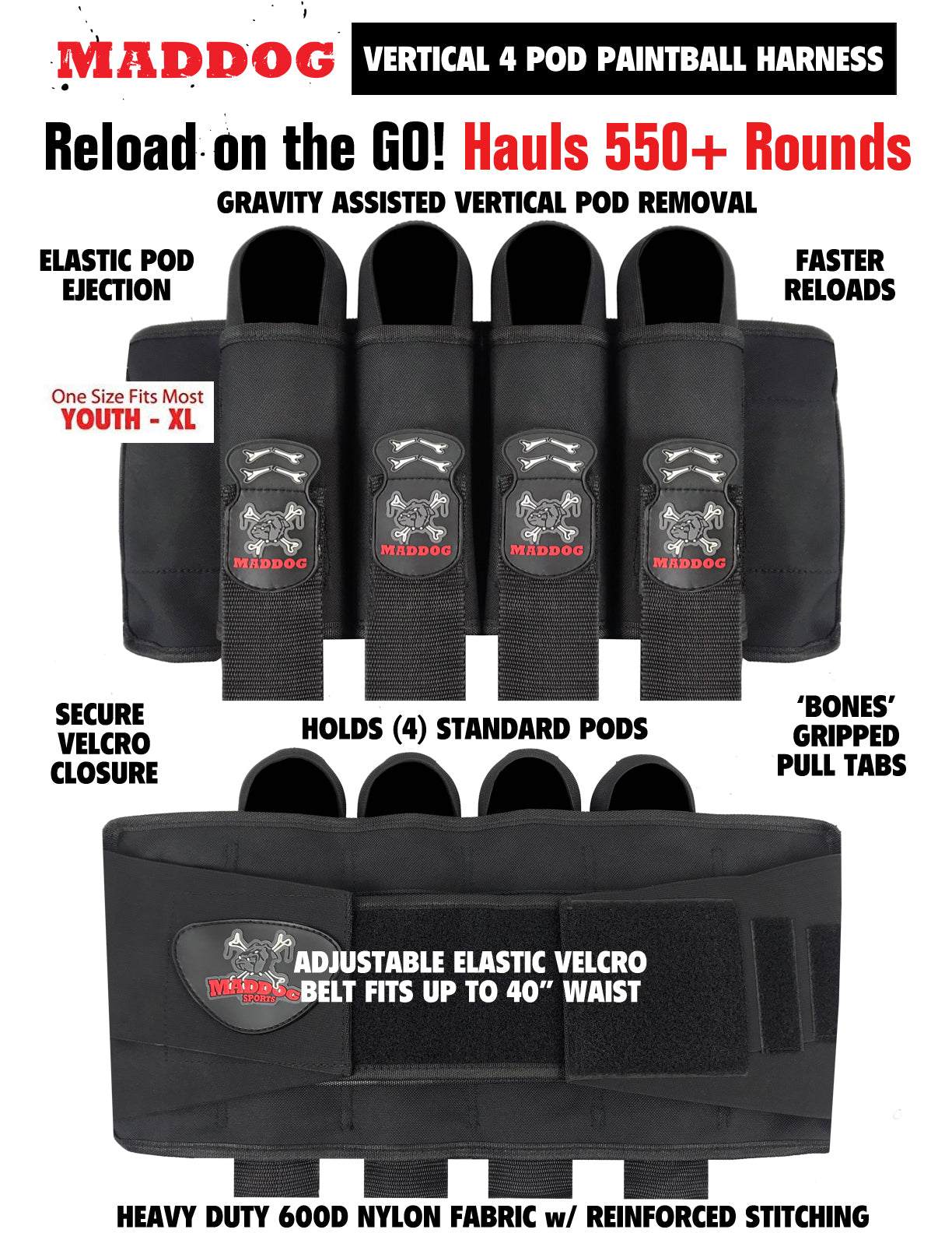 Maddog vertical 4 pod paintball harness with adjustable elastic Velcro belt and heavy-duty nylon fabric for DYE CZR+ .68 Cal paintball gun package
