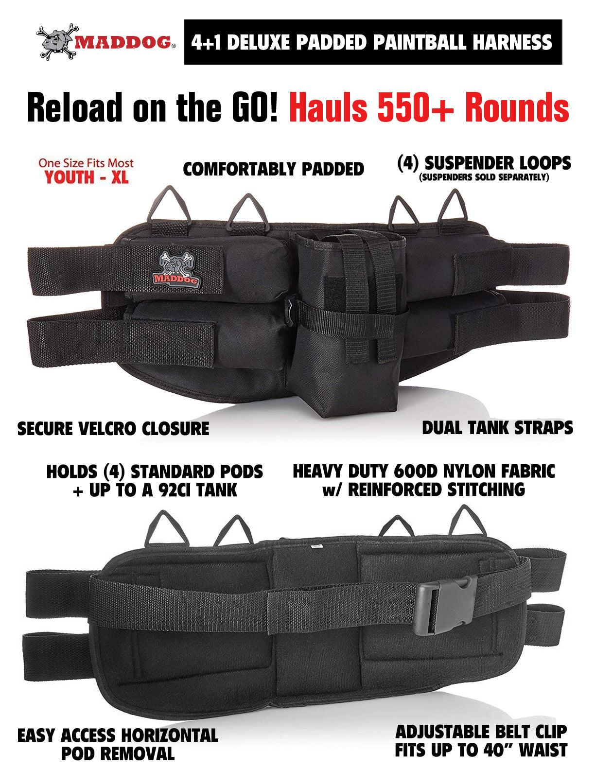 Maddog 4+1 Entry Level Paintball Harness Pod Pack Belt with HPA CO2 Tank Holder Pouch | Includes (4) Paintball Pods