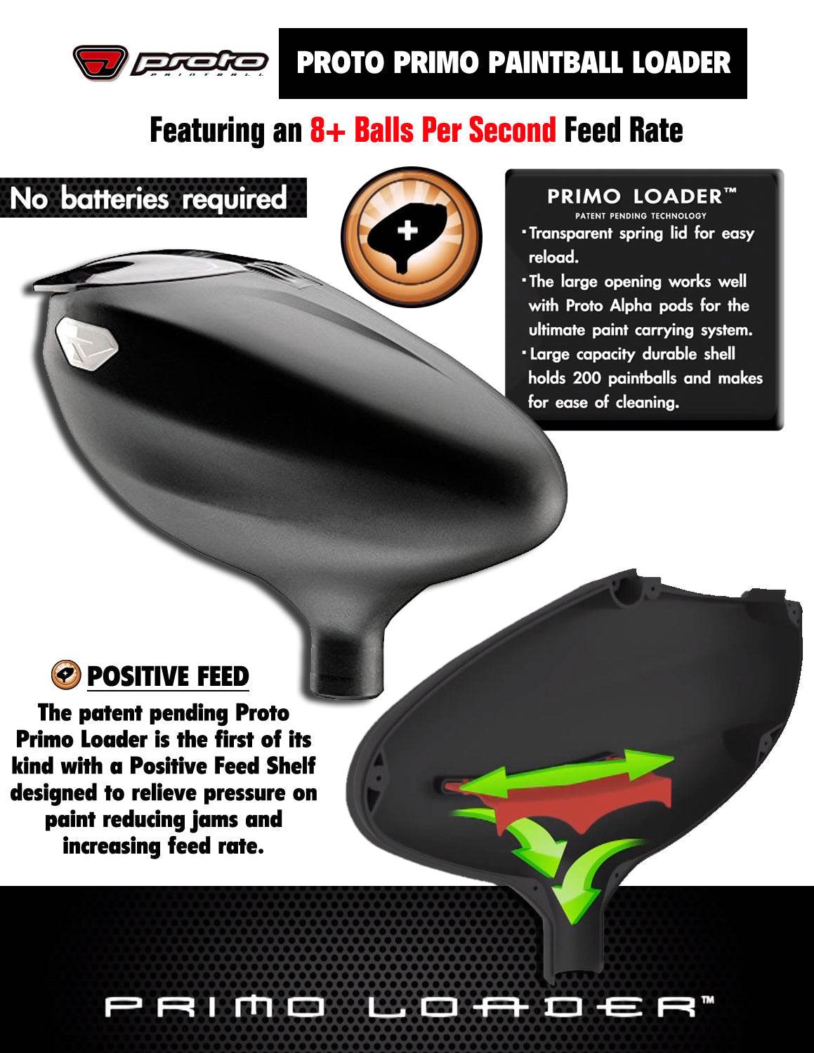 Proto Primo paintball loader for Tippmann Stormer Dual Fed marker with 8+ balls per second feed rate and positive feed design