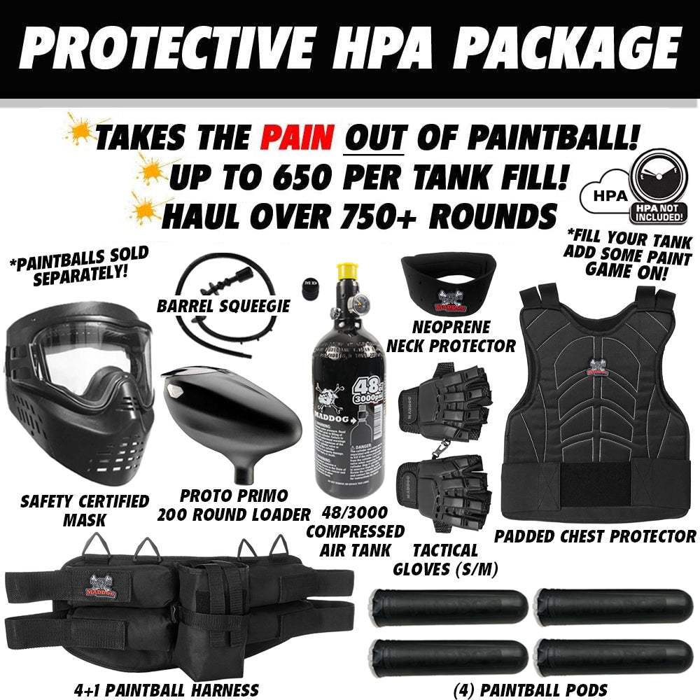 Tippmann Stormer Dual Fed paintball gun starter package with HPA tank, protective mask, chest protector, gloves, neck protector, loader, pods, harness, and barrel squeegee