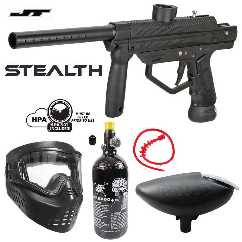 JT Stealth black semi-automatic .68 caliber paintball gun with bronze HPA tank, safety mask, loader, and barrel squeegee starter package