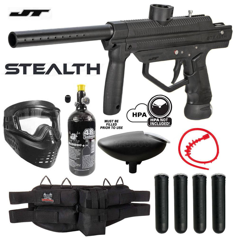 Maddog JT Stealth black .68 caliber semi-automatic paintball gun with mask, HPA tank, loader, barrel squeegee, and accessory pack