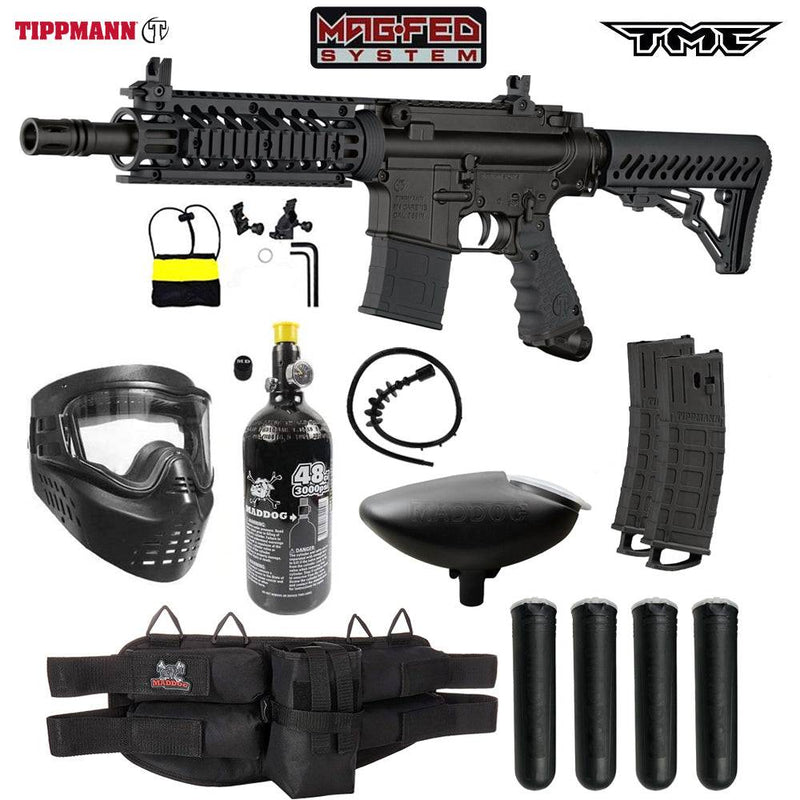 Tippmann TMC MAGFED silver paintball gun starter package with mask, HPA tank, loader, magazines, pods, harness, and barrel squeegee