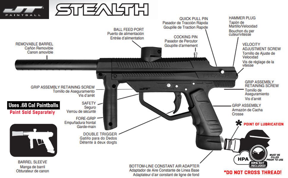 Diagram of JT Stealth .68 caliber paintball gun with labeled parts and Maddog Titanium HPA package features