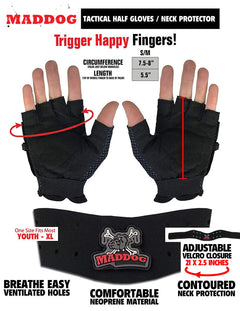 CLEARANCE Maddog Tactical Half Finger Glove Chest Protector and Neck Combo Trio - Black - Small/Medium