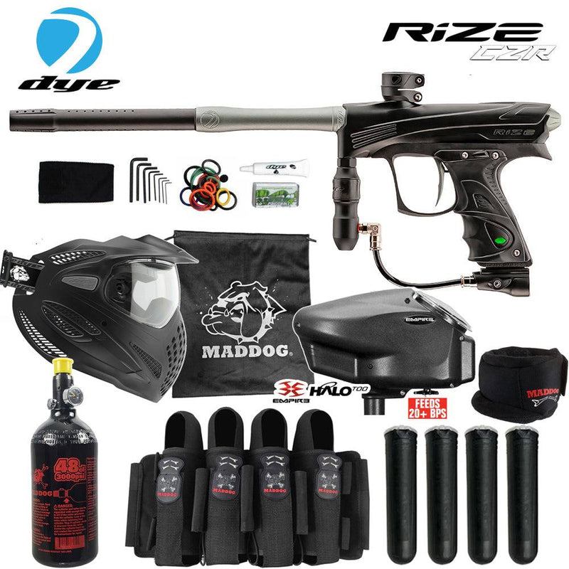 Maddog Dye Rize CZR .68 Cal Full Auto Electronic Paintball Gun Marker Elite Starter Package | Thermal Anti-Fog Paintball Mask, HPA Tank, Empire Halo Too Loader, Neck Protector, Pro Harness & Paintball Pods