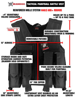 CLEARANCE Maddog Tactical Paintball Battle Vest with Tank and Pod Holder Attachments - Black | USED But NOT Abused