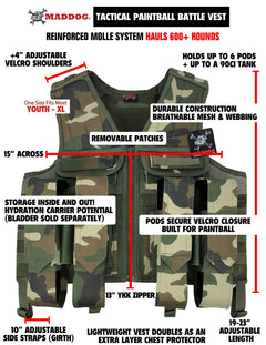 CLEARANCE Maddog Tactical Paintball Battle Vest Woodland Camo Airsoft Milsim USED But NOT Abused