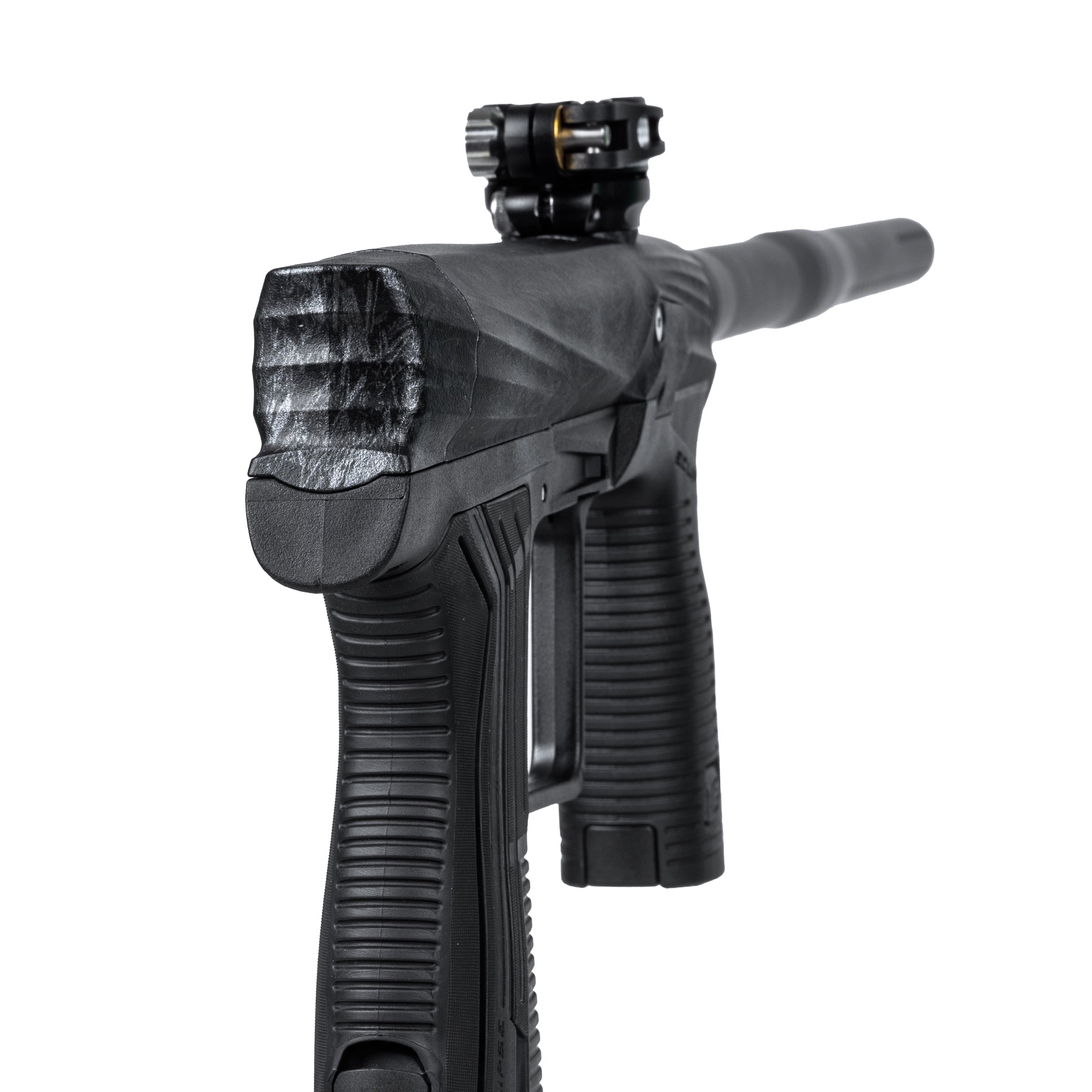 HK Army x Planet Eclipse ETHA3 Shrapnel Electronic Gun std config, marker, accurate marker control, for woodsball play, rear angle