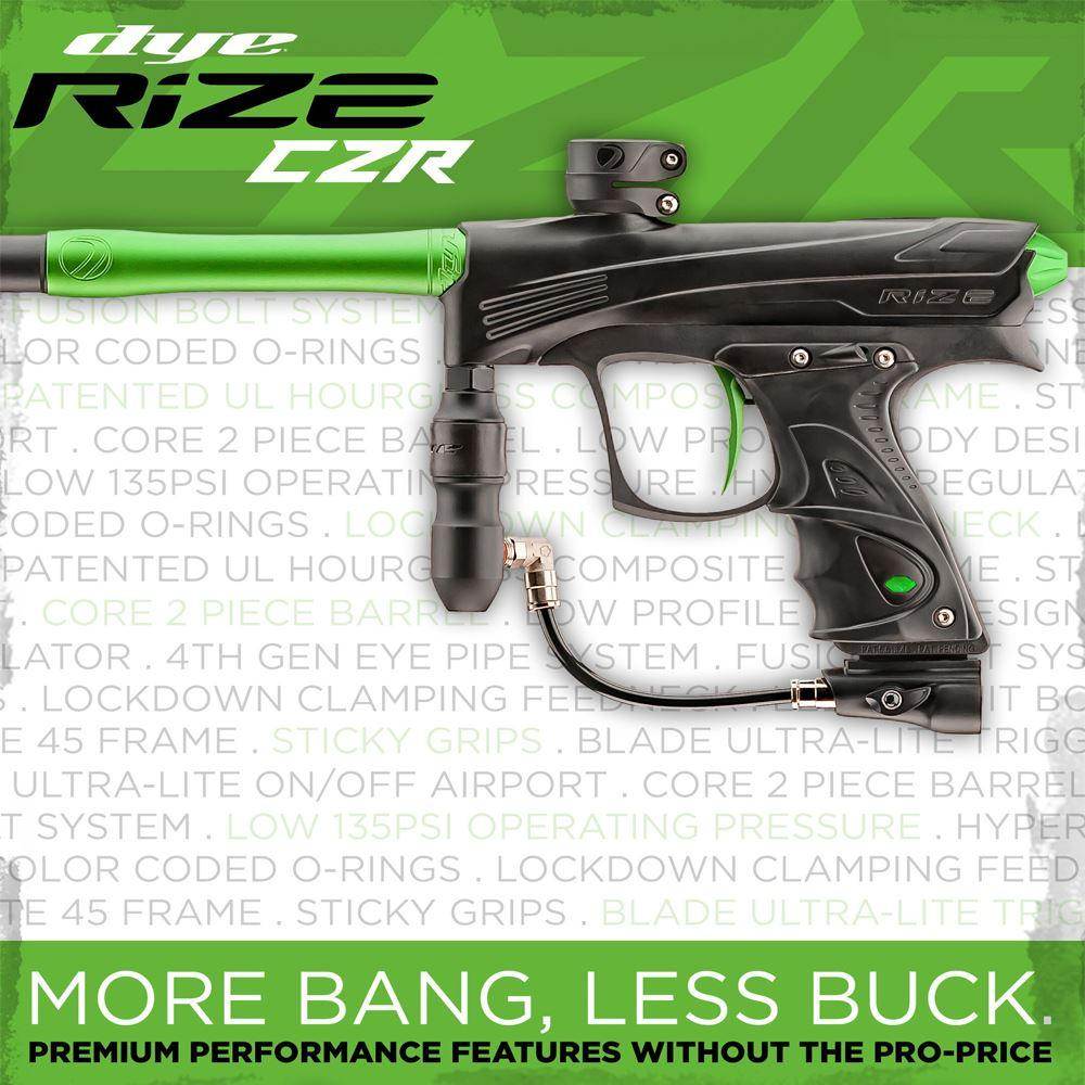 Dye Rize CZR Electronic Gun Marker - Full Auto Black / Lime color, marker, accurate marker control, for woodsball play, rear angle