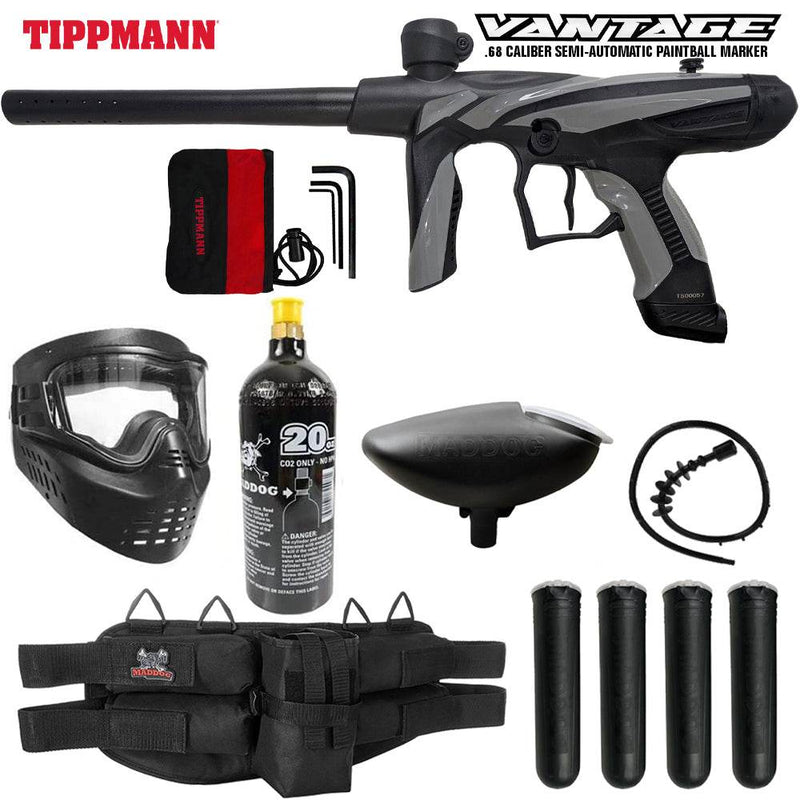 Tippmann Vantage .68 caliber semi-automatic paintball gun starter package with CO2 tank, mask, loader, pods, and harness.