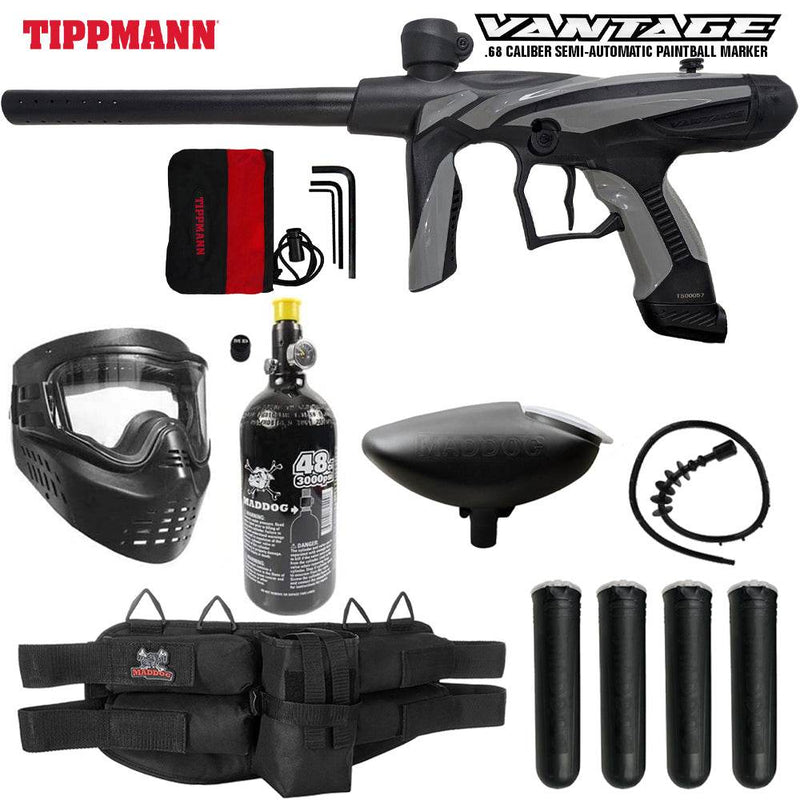 Tippmann Vantage silver semi-automatic .68 caliber paintball gun starter package with mask, HPA tank, loader, pods, harness, and barrel squeegee