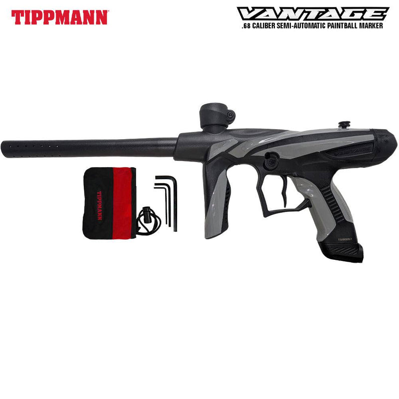 Tippmann Vantage Package semi-automatic .68 caliber paintball gun with bronze HPA accessory kit including barrel, Allen wrenches, and carrying case.