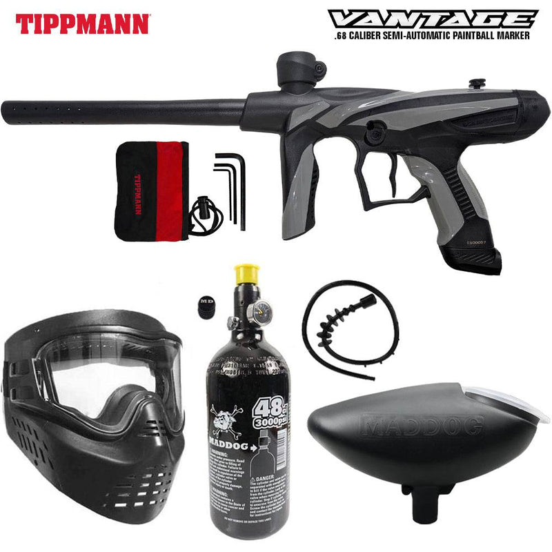 Tippmann Vantage Package with .68 caliber semi-automatic paintball marker, bronze HPA tank, safety mask, loader, barrel squeegee, and accessories kit