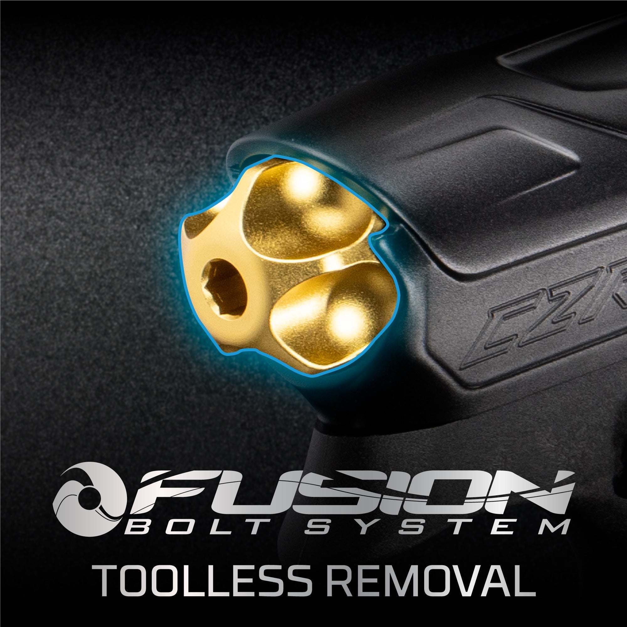 Close-up of the DYE CZR+ Paintball Marker showing its gold Fusion Bolt System with toolless removal feature in black and gold dust design