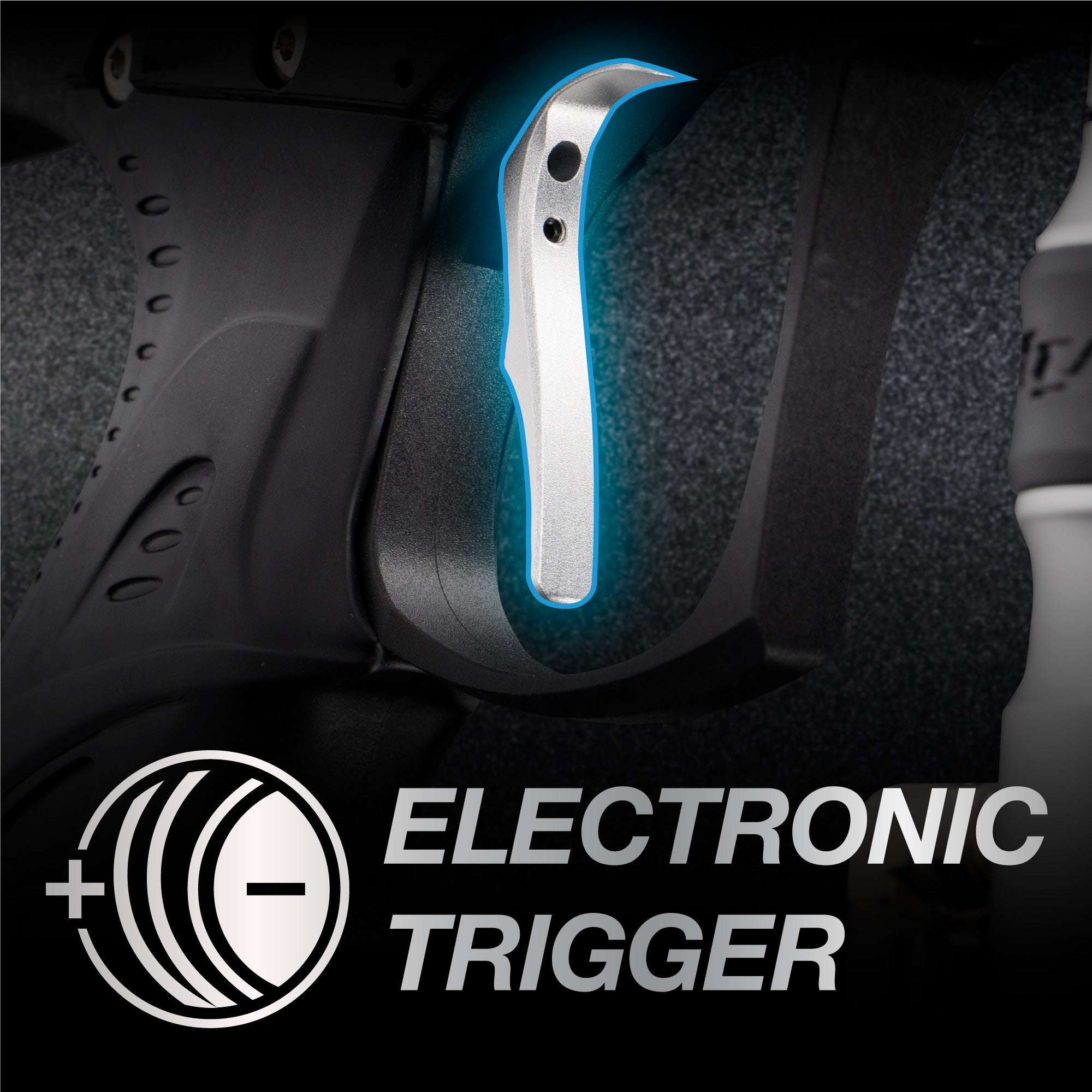 Close-up of DYE CZR+ Electronic Paintball Gun featuring illuminated electronic trigger in red and silver dust finish