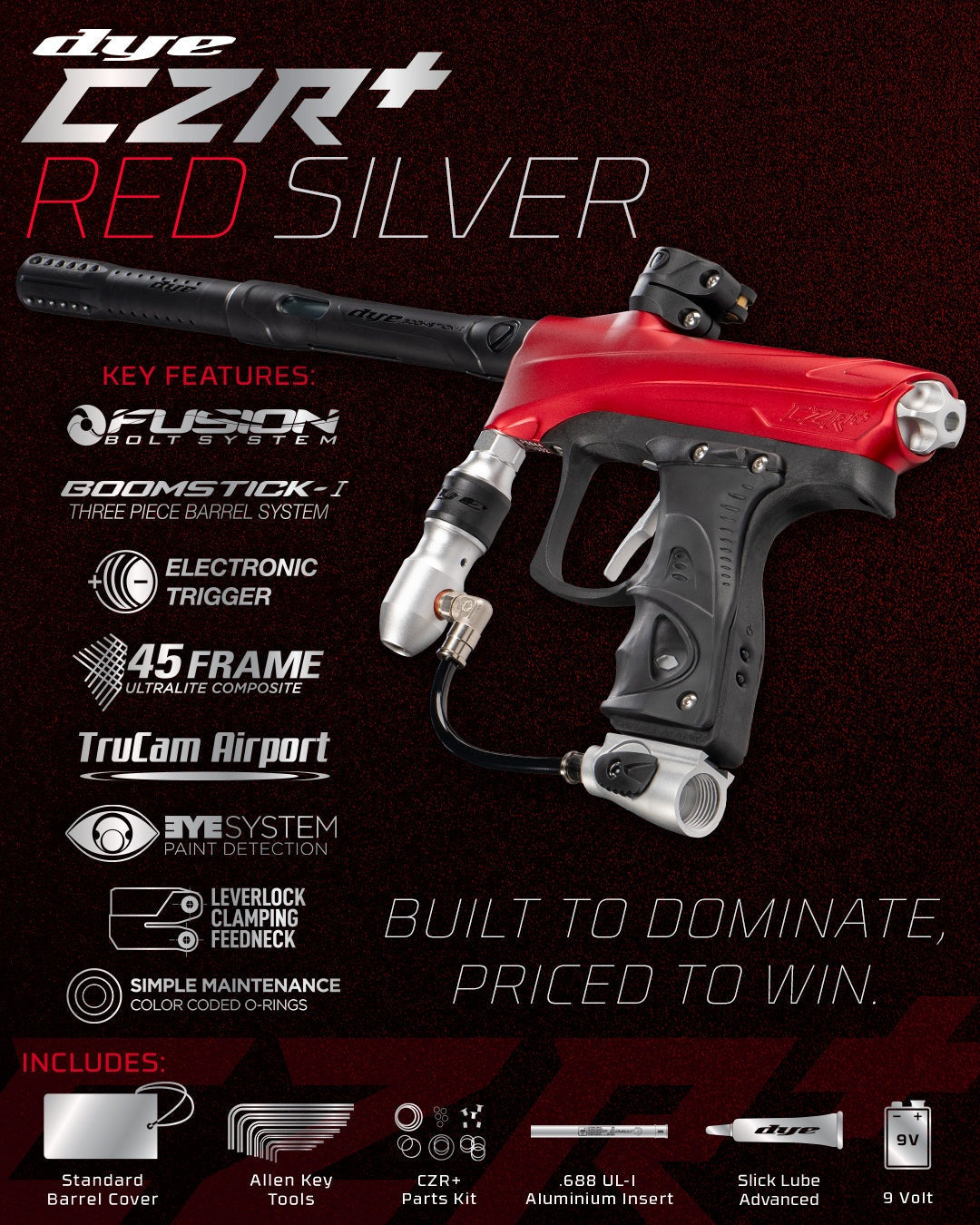 DYE CZR+ .68 Cal red and silver electronic paintball gun marker with Fusion bolt, Boomstick-I barrel, 45 frame, TruCam airport, and paint detection system.