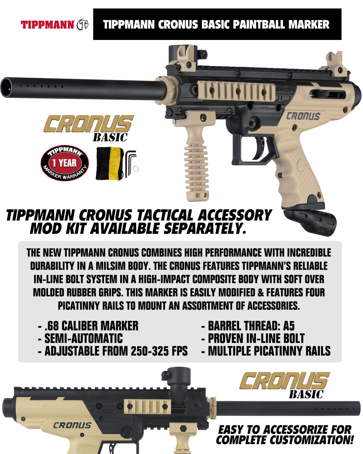 Maddog Tippmann Cronus Tactical Titanium HPA Paintball Gun Marker Starter Package