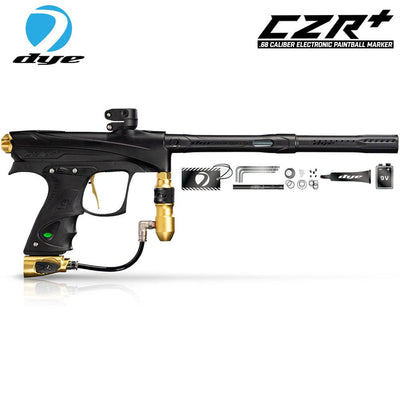 DYE CZR+ Paintball Marker in black and gold with electronic trigger, Boomstick-I composite barrel, and maintenance kit accessories.