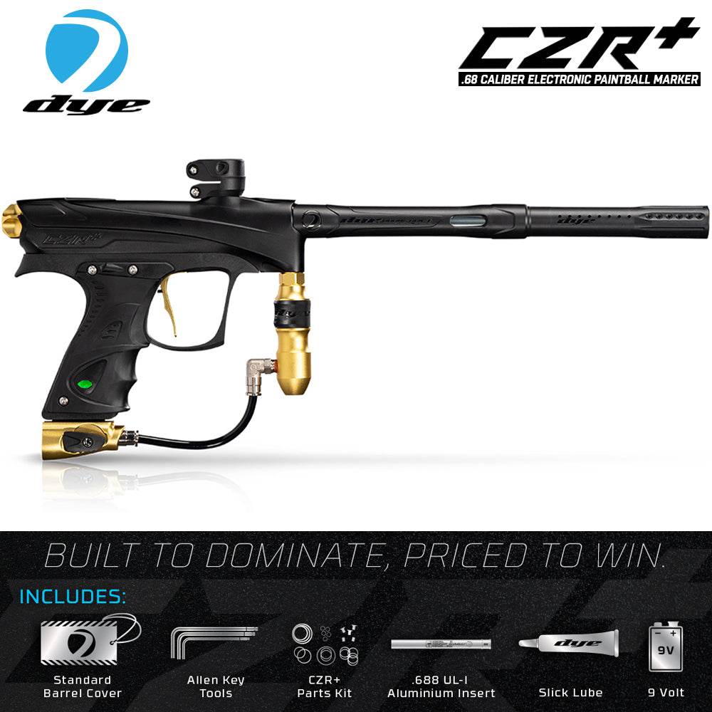 Black and gold DYE CZR+ .68 Cal electronic full auto paintball gun marker with accessories, advanced HPA tank, Empire Halo Too loader, neck protector, pro harness, and paintball pods package.