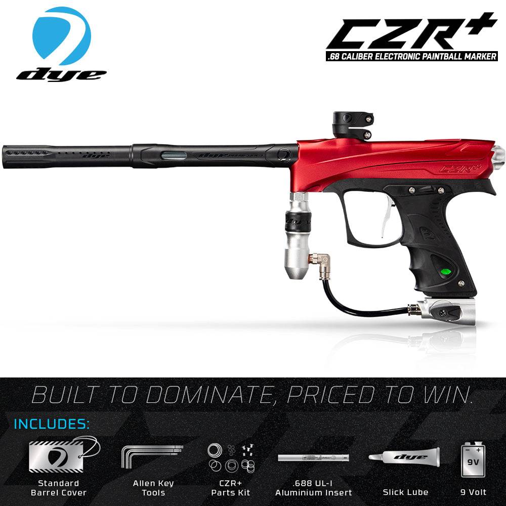 Red DYE CZR+ electronic paintball gun marker with black grip and extended barrel, designed for full-auto tournament play