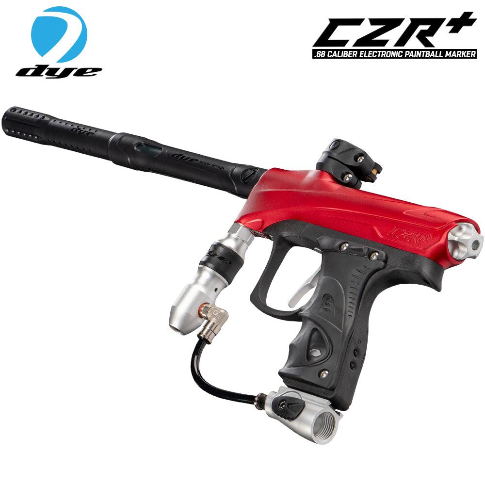 DYE CZR+ electronic paintball gun in red and silver with composite barrel and ergonomic grip