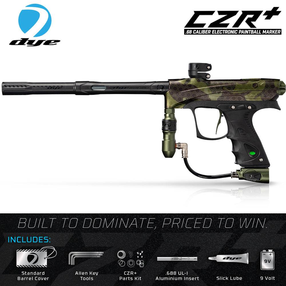 DYE CZR+ electronic paintball gun marker with full auto, camouflage design, Boomstick-I composite barrel, ergonomic grip, and advanced features for tournament play