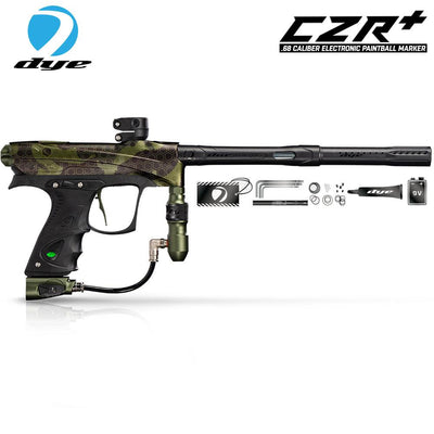 DYE CZR+ Electronic Paintball Gun Marker in olive dust with Boomstick-I barrel, electronic trigger, and maintenance kit