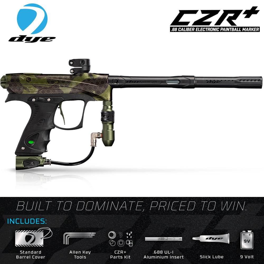 DYE CZR+ electronic paintball gun in olive dust with Boomstick-I composite barrel, electronic trigger, and ergonomic frame.