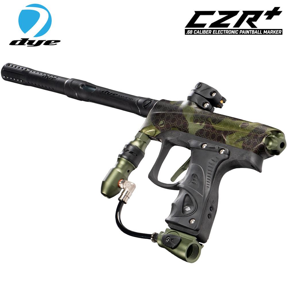 DYE CZR+ electronic paintball gun marker in camo with black barrel, full-auto capability, and ergonomic grip designed for tournament play