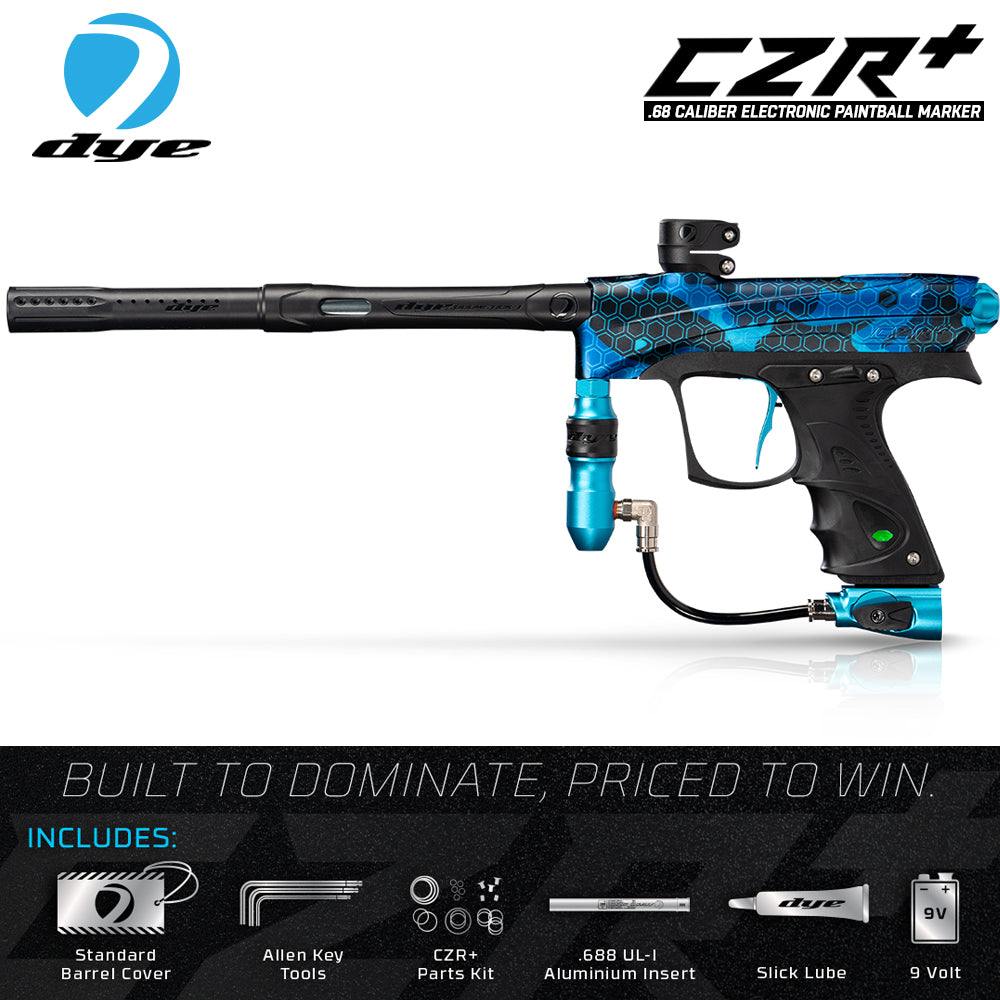 DYE CZR+ electronic paintball gun marker in blue and black with Boomstick-I composite barrel and ergonomic grip