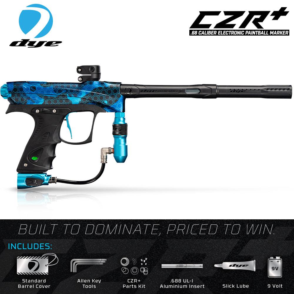DYE CZR+ electronic paintball gun marker in blue and black with Boomstick-I composite barrel and ergonomic grip, tournament-ready with electronic trigger and advanced maintenance features