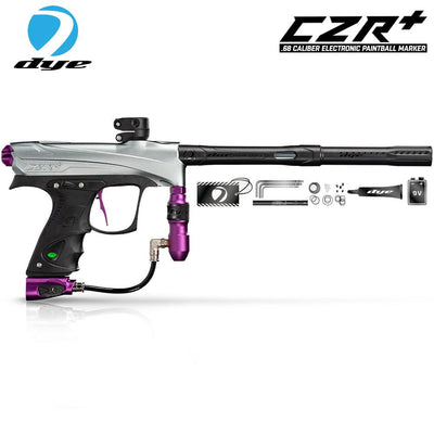 DYE CZR+ Electronic Paintball Gun Marker in grey and purple with full auto feature and included accessories