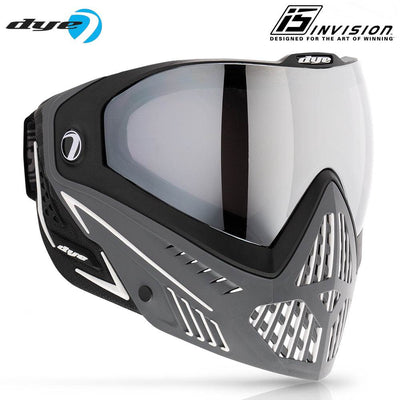 DYE i5 paintball goggles in grey, white, and black with thermal anti-fog lens and breathable vented design