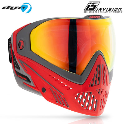 Dye i5 paintball goggle in grey and red with thermal anti-fog lens and advanced venting system.