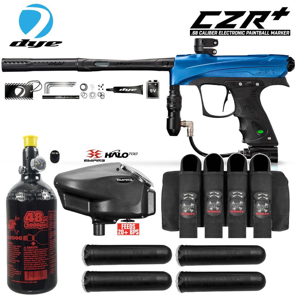 DYE CZR+ .68 Cal electronic paintball marker with full auto, HPA tank, Empire Halo Too loader, neck protector, pro harness, and paintball pods starter package