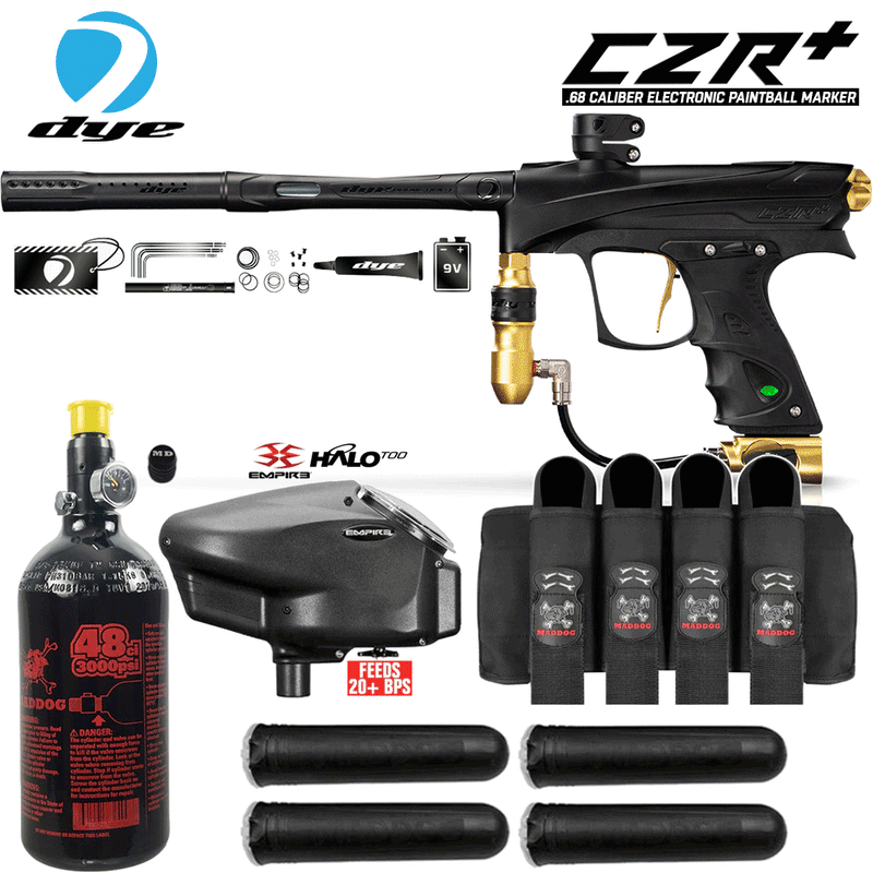 DYE CZR+ .68 Cal electronic paintball marker full auto starter package with HPA tank, Empire Halo loader, harness, and pods