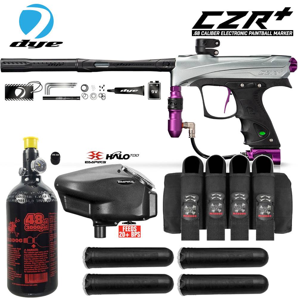 DYE CZR+ .68 Cal electronic paintball marker package with HPA tank, Empire Halo loader, paintball pods, and harness