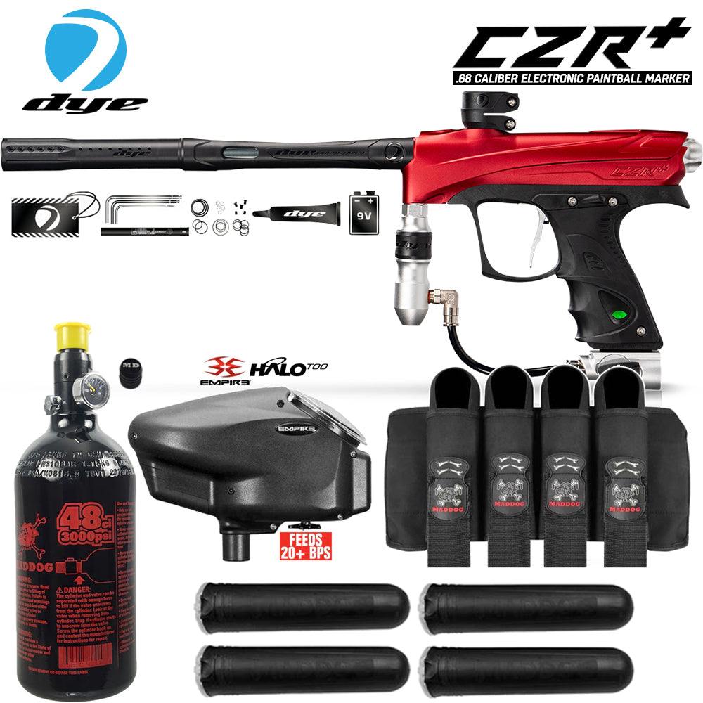 DYE CZR+ .68 Cal electronic paintball gun with HPA tank, Empire Halo Too loader, neck protector, pro harness, and pods starter package