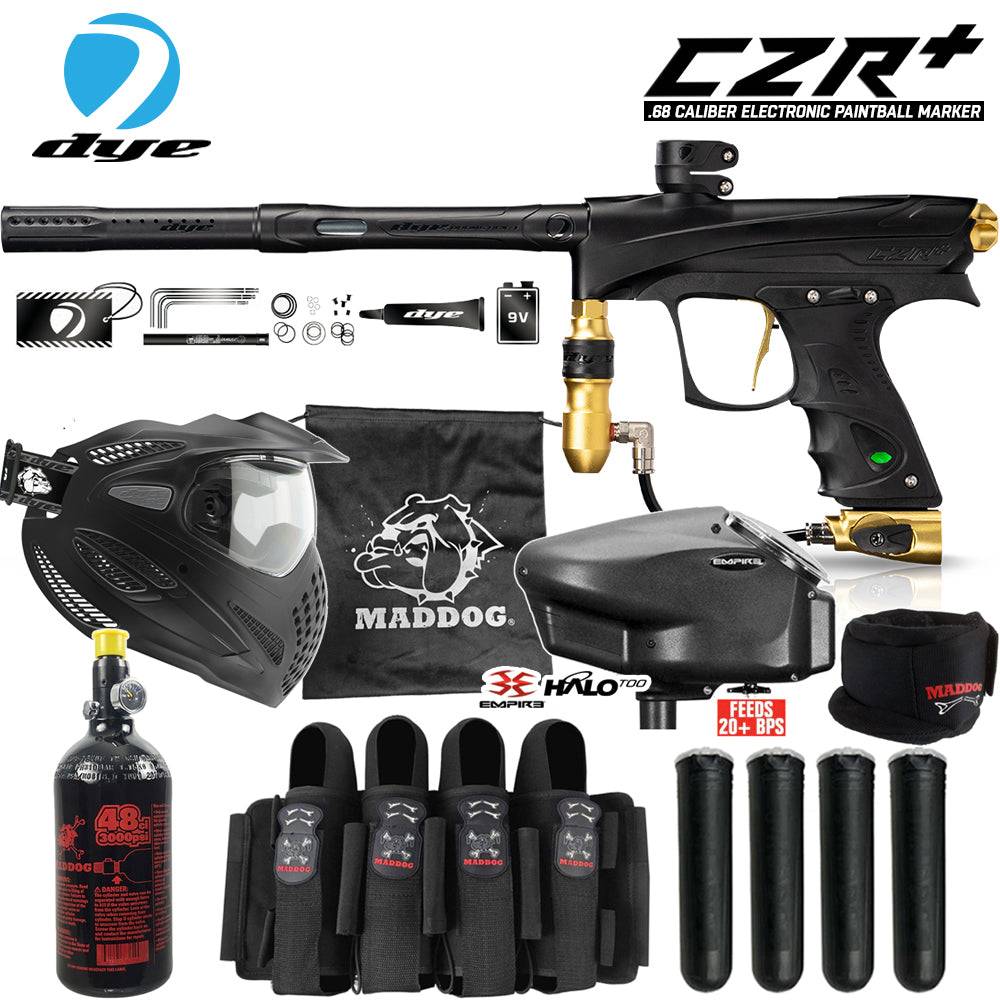DYE CZR+ .68 Cal electronic paintball gun marker with Maddog elite starter package including mask, HPA tank, loader, neck protector, harness, and pods