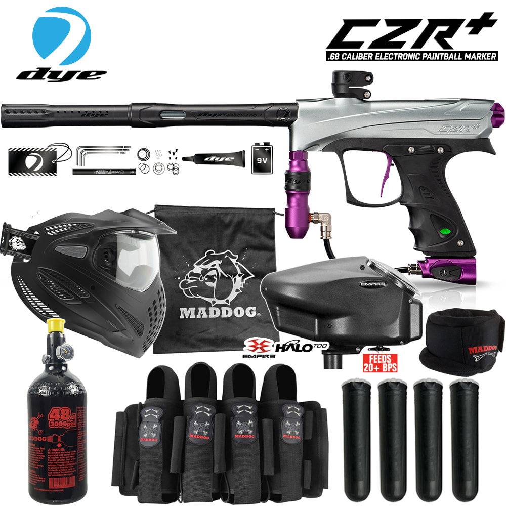 DYE CZR+ .68 Cal full auto electronic paintball gun marker with thermal anti-fog mask, HPA tank, Empire Halo Too loader, neck protector, pro harness, and paintball pods starter package