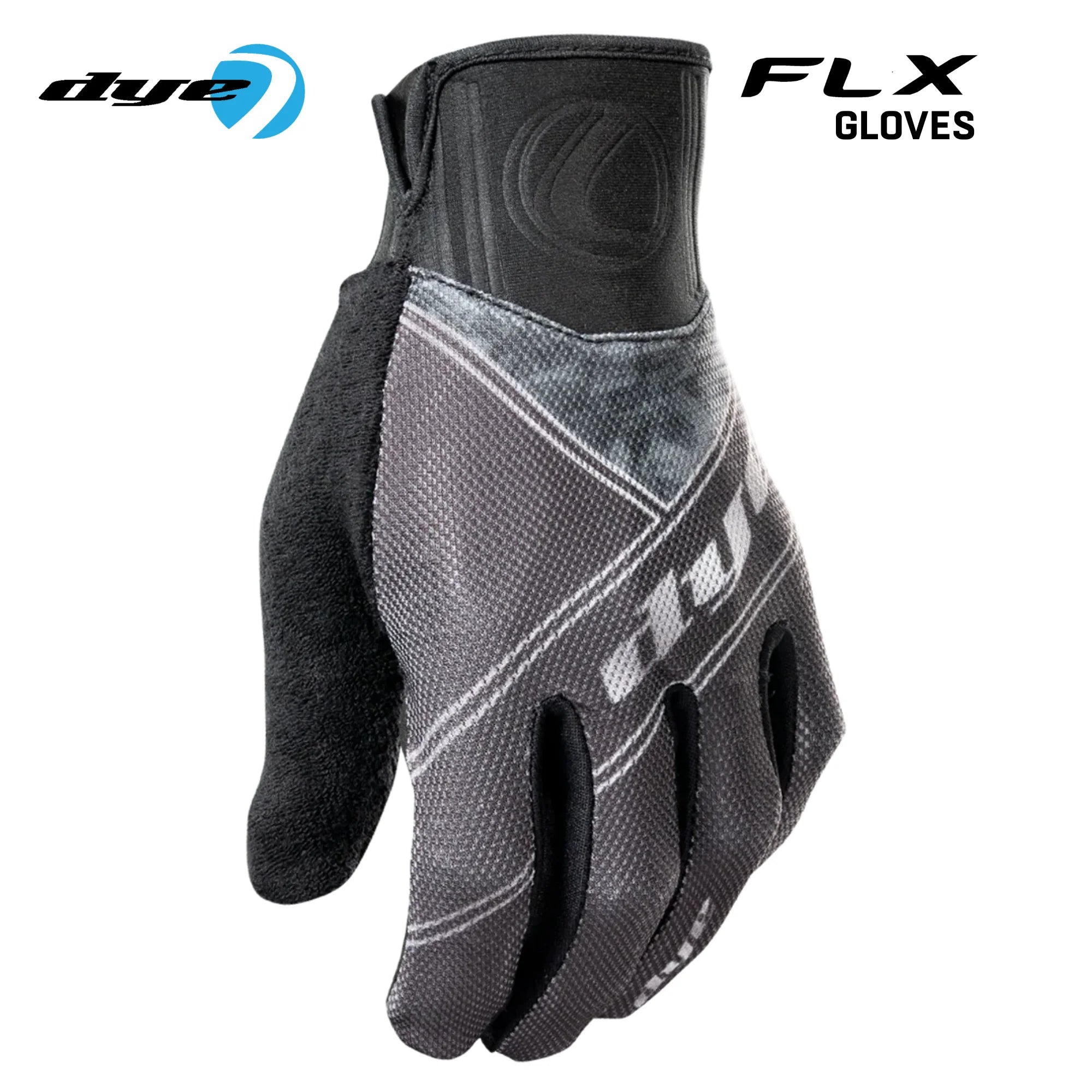 DYE FLX Forged paintball gloves in black and grey detail view