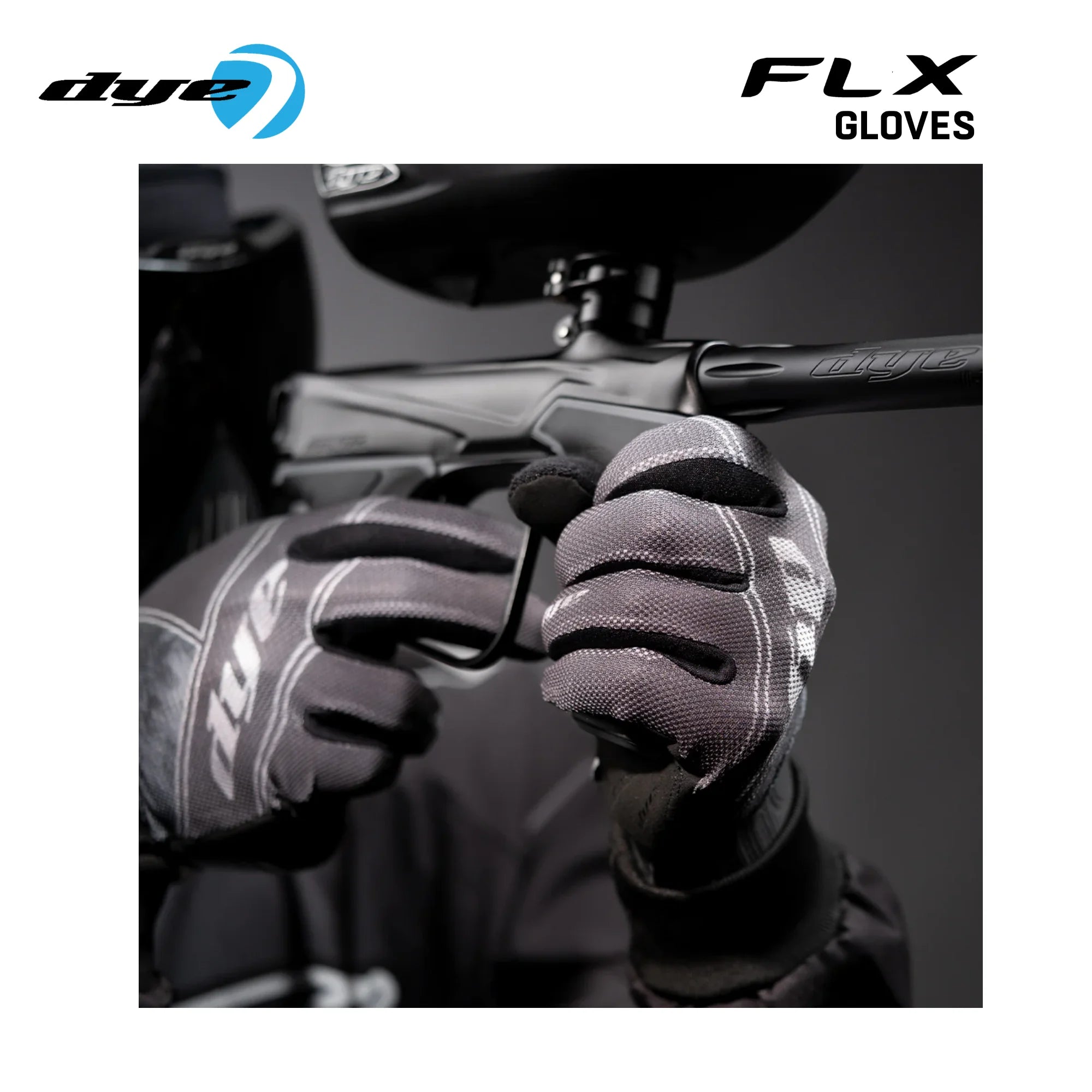 DYE FLX Forged paintball gloves in black and grey detail view