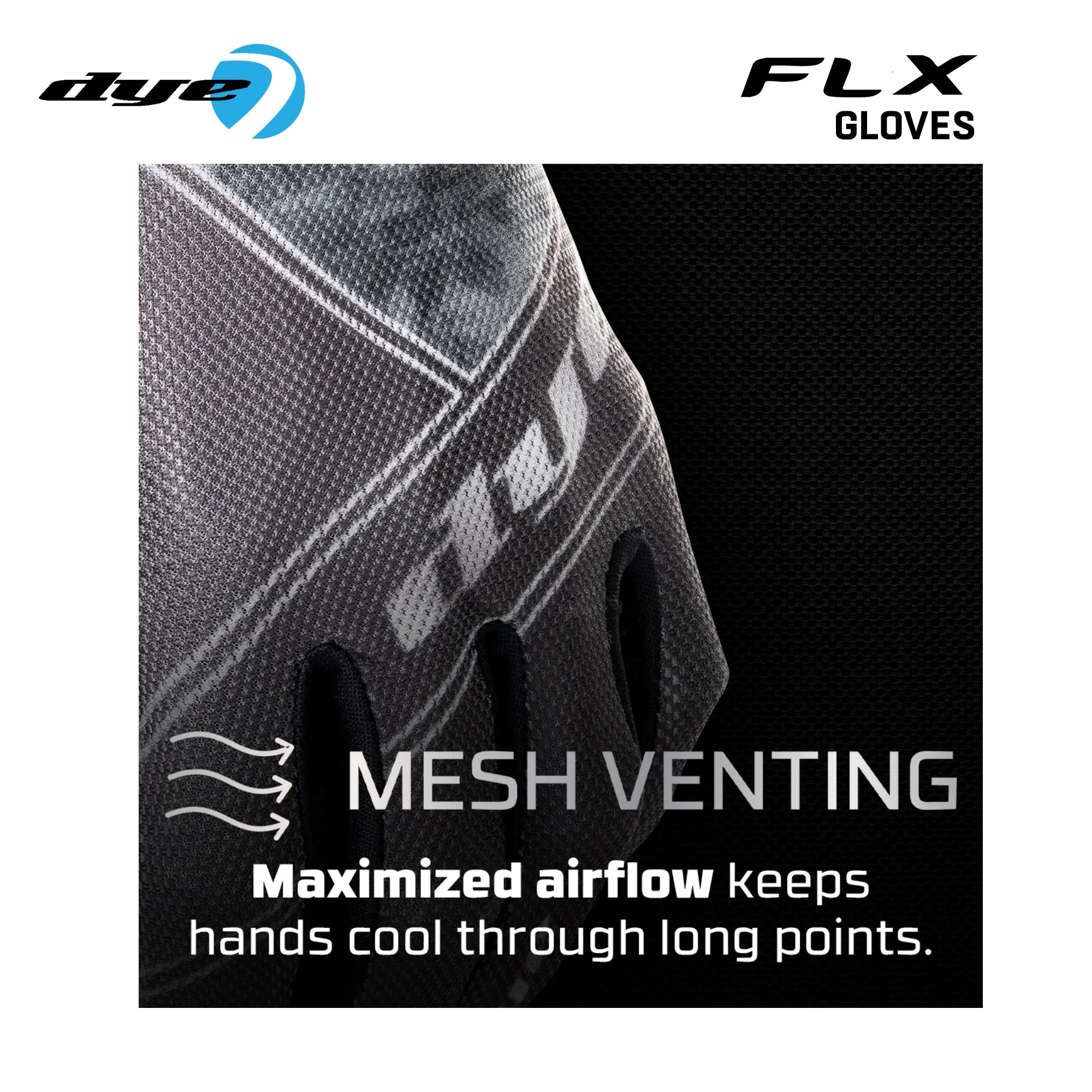 DYE FLX Forged paintball gloves in black and grey detail view
